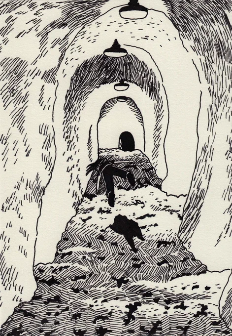 寝ている時にみる夢をテーマに個展を開催します。

この作品は104枚の連作です。
亡くなったおじいちゃんに会いたくて探し続ける私(サングラスの女の子)と、どこかにいるおじいちゃん(モジャモジャ)を交互に描いています。 