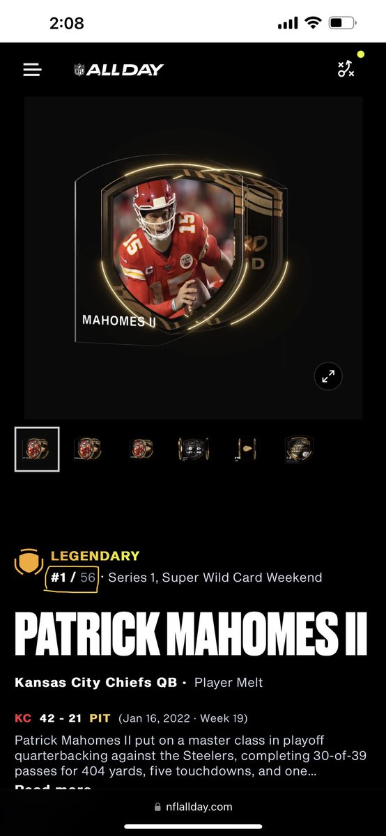 tommyt565's tweet photo. @NFLALLDAY was lucky enough to receive the #1/56 Patrick Mahomes II moment by purchasing a pack. It’s now listed on market place. Happy to negotiate price, please DM. 

You don’t need to be a visionary to see this will increase in significant value as this is the #1 moment. https://t.co/R8p0Nfr0IL