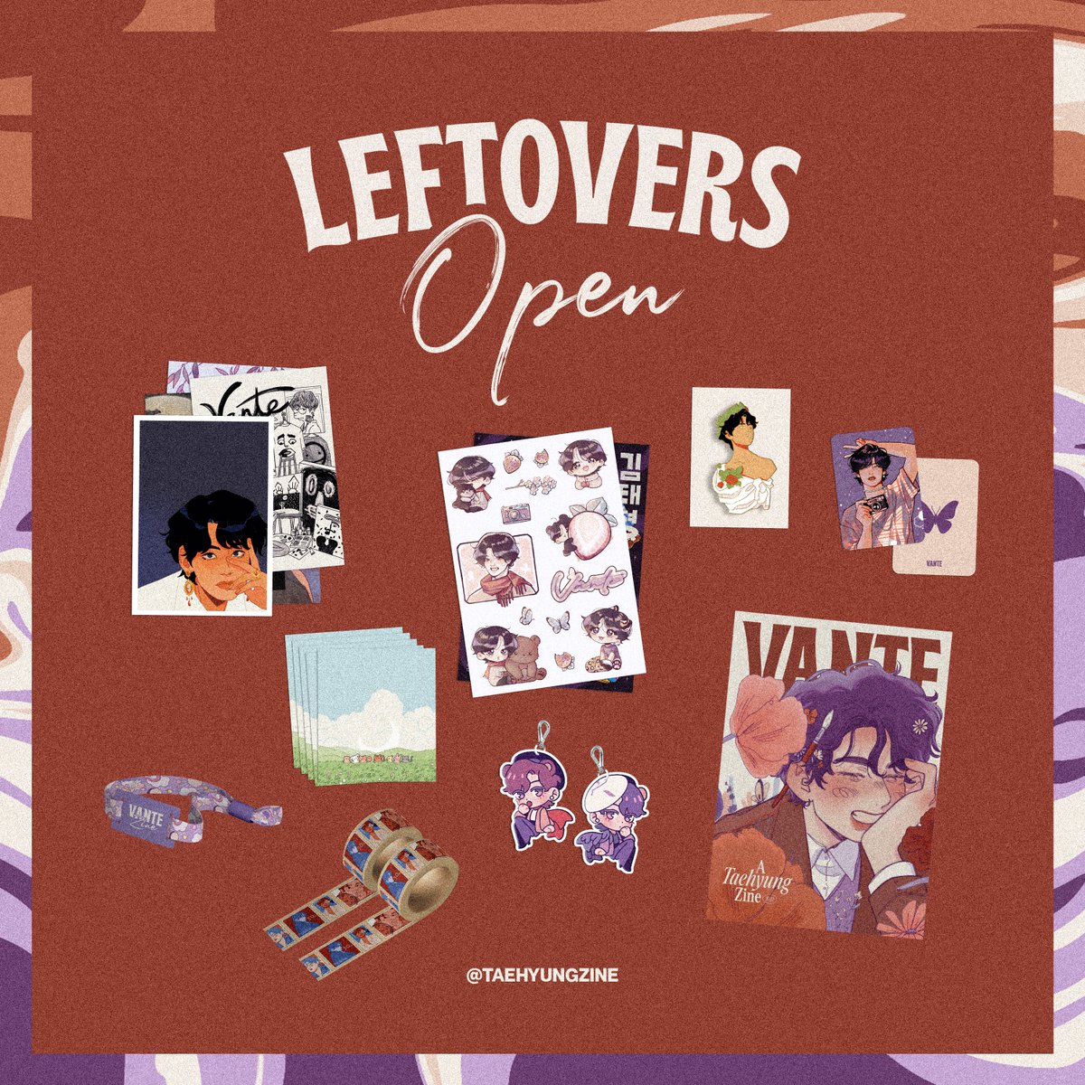 🎨💜 LEFTOVER SALES💜🎨

Leftover sales are open now! taehyungzine.bigcartel.com

If you missed pre-orders, now's the chance to get some of our items. Limited stock only!

Our shop will close on May 14 @ 12am KST.