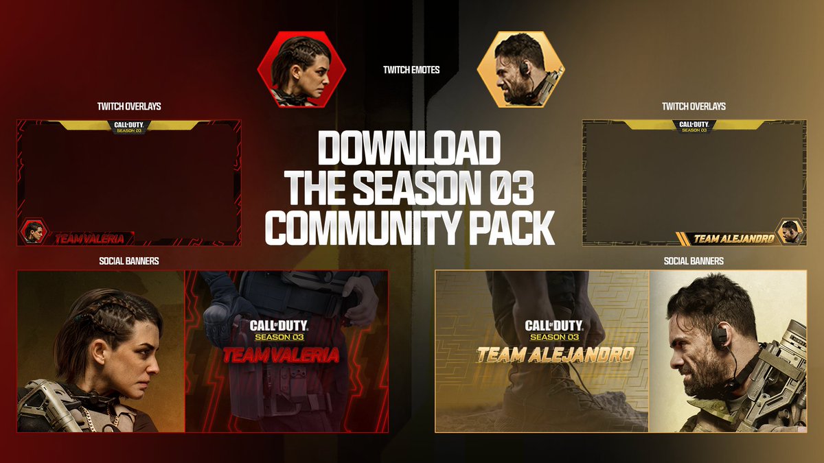 CallofDuty_ANZ's tweet image. Season 03 is here! Rep your side between #TeamAlejandro or #TeamValeria with the Season 03 Community Pack including Twitch Overlays, Emotes and more. 

Download today 👉 bit.ly/S03-Twitch-Ove…