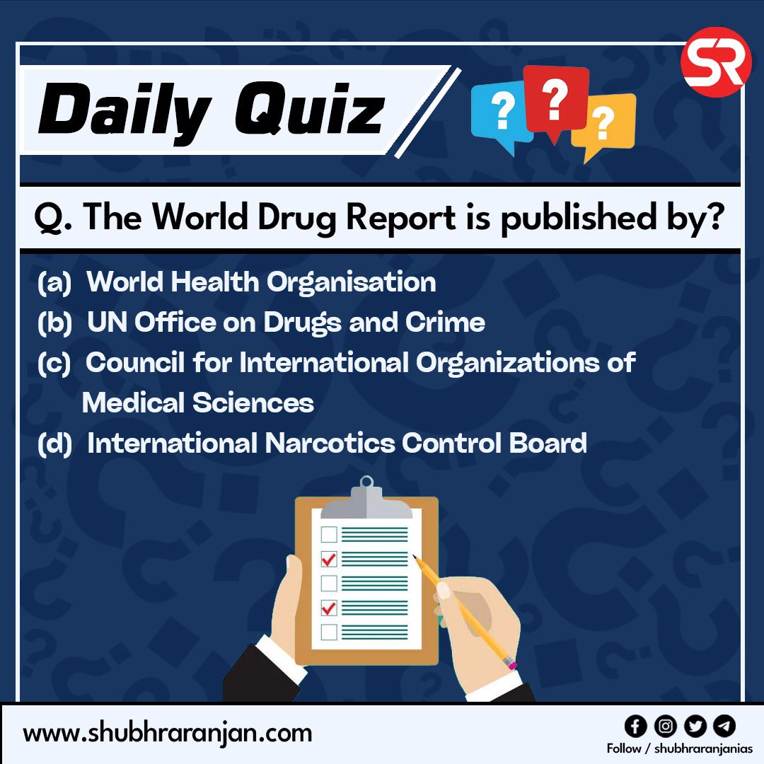 Question Of the Day - 17th April 2023
-----------------------------------
- You can post your answer in the Comment Box.

#dailyquiz #upsc #iasofficer #iasexam #iasaspirant #upscprelims #upscquestions #quizoftheday #questionoftheday #worlddrugreport #drug #who #unoffice #incb