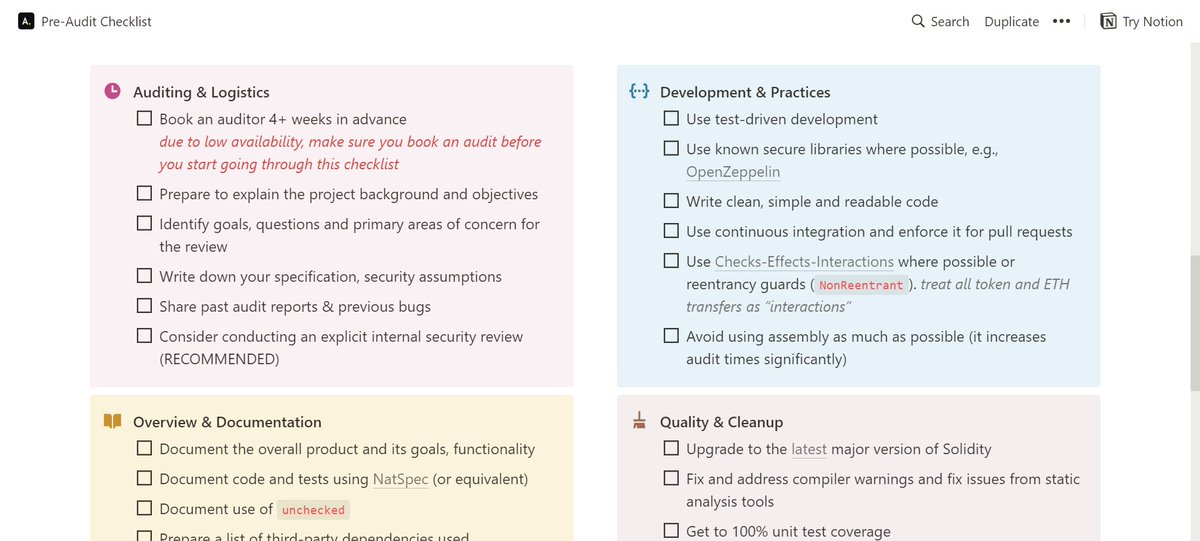 yosriady's tweet photo. Sharing a great pre-audit checklist by @auditless for smart contract devs. It's crucial to prepare your contracts for audit to get the best results! 

https://t.co/MAW6SF7ha8 https://t.co/malopZ1z60