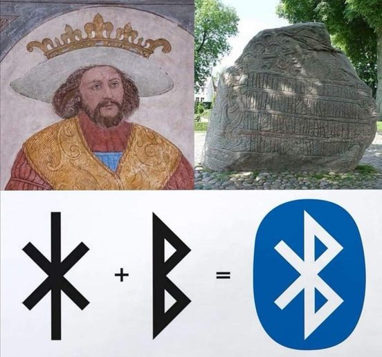 pierpi13's tweet photo. Nel X secolo il re nordico Harald Gormsøn, soprannominato “Bluetooth” forse per via di un dente marcio, ottenne numerose vittorie riuscendo a unificare il frammentario regno di Danimarca. Per celebrare i suoi successi, fece erigere un monumento in pietra, conservato oggi nella cittadina danese di Jelling, che rappresenta una specie di certificato di nascita della Danimarca: «Re Harald ordinò che fosse realizzato questo monumento in onore di Gorm, suo padre, e di Thyra, sua madre; quell’Harald che conquistò l’intera Danimarca e la Norvegia e che convertì i danesi al Cristianesimo».
Circa mille anni dopo, nel 1997, l’ingegnere Jim Kardach venne a sapere dell’esistenza di Harald chiacchierando con un collega in un pub di Toronto. In seguito approfondì la sua storia leggendo un libro sui vichinghi e ne rimase affascinato al punto da dare il suo soprannome a un progetto di trasmissione dati a cui stava lavorando: il Bluetooth. Quando gli chiesero la ragione della sua scelta, spiegò che il nome indicava l’unione dell’industria dei computer con quella delle telecomunicazioni proprio come Harald aveva unito alcuni popoli scandinavi. Persino il logo ufficiale di Bluetooth è un omaggio al re nordico e consiste nell’unione dei caratteri runici ᚼ (Hagall) e ᛒ (Bjarkan), ovvero le iniziali di Harald Bluetooth.