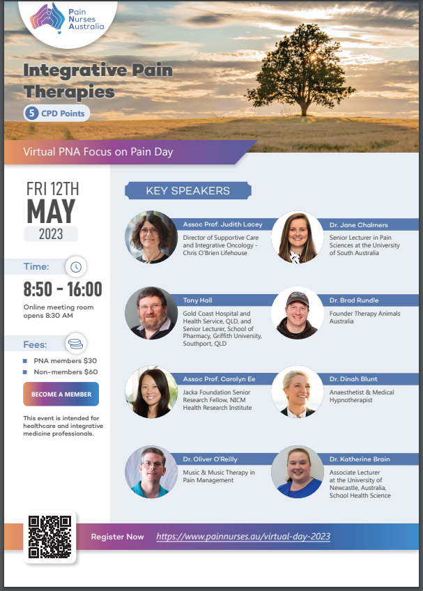PainNursesAus's tweet photo. Assoc Prof. Judith Lacey, Director of  Supportive Care and Integrative Oncology at Chris O'Brien Lifehouse is speaking at the @PainNursesAustralia Education Day on Integrative Pain Therapies! Don't miss out  Fri 12th May 2023.  #IntegrativePainTherapies #SupportiveCare https://t.co/REBpkJFEN6
