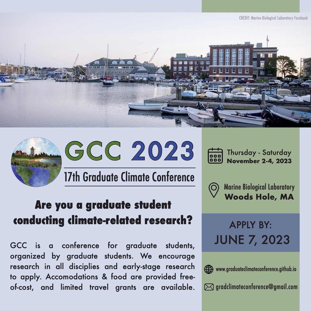 Applications are now open for the 2023 Graduate Climate Conference (GCC)--the annual conference *for grad students, by grad students!* This year, GCC will be hosted by MIT on Nov 2-4 in Woods Hole, MA! 🌎

Apply here by June 7th: tinyurl.com/d35dk2wn