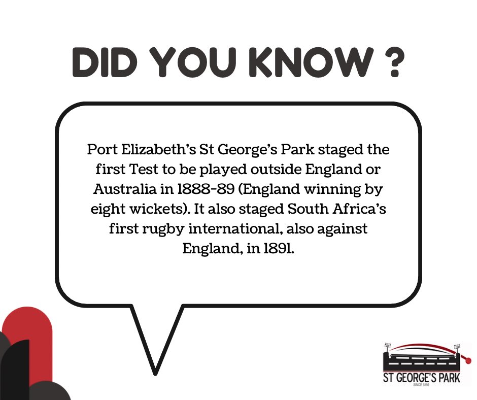 Did you know?

Port Elizabeth's St George's Park staged the first Test to be played outside England or Australia in 1888-89 (England winning by eight wickets). It also staged South Africa's first rugby international, also against England, in 1891.

#cricket #crickethistory #stg