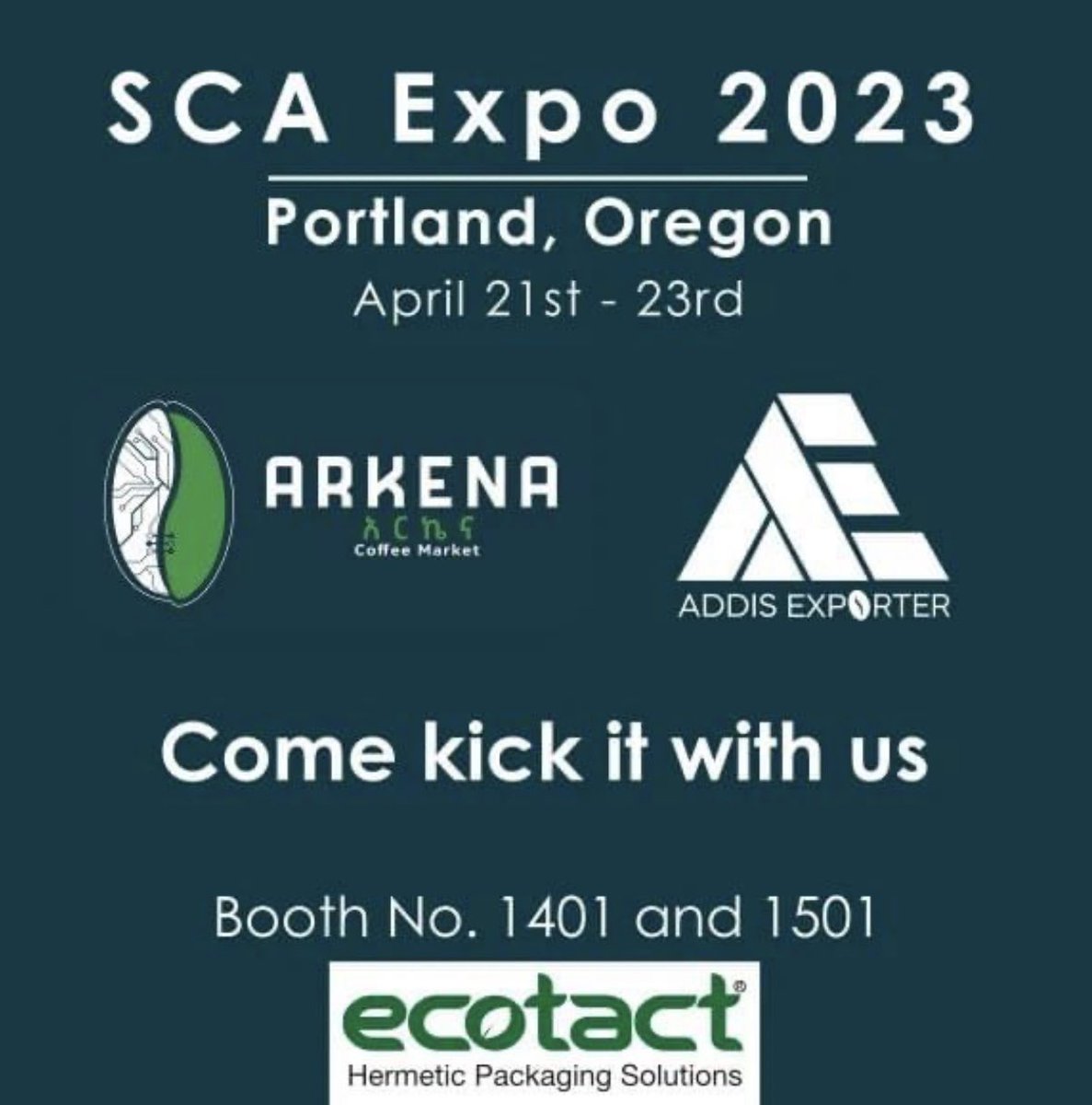 AddisExporter's tweet image. We are going to be at the SCA Expo 2023 in Portland.  Looking forward to seeing and discussing #tech, #coffee #packaging and the future of the industry. 

Pull up to booths 1401 and 1501, we will be with @ArkenaCoffee and @ecotact and coffee peeps from around the world 🌎