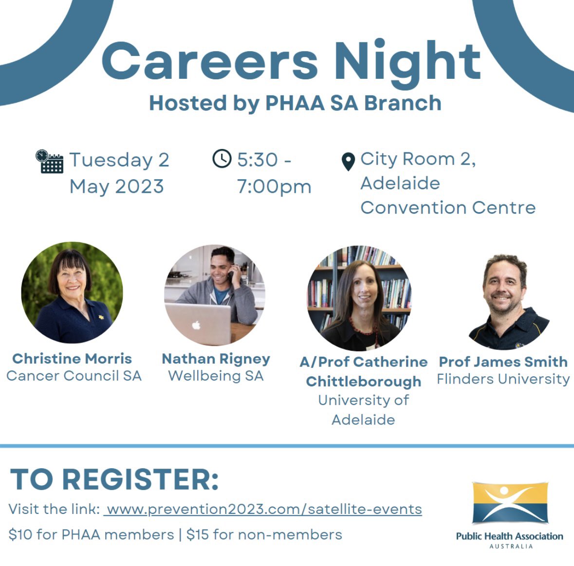 We’re excited to host a Careers &amp; Networking night alongside #Prevention2023 next month!

Join to hear insights about different career pathways in #publichealth from accomplished speakers.

All welcome! Places limited, register now to avoid missing out: prevention2023.com/satellite-even…