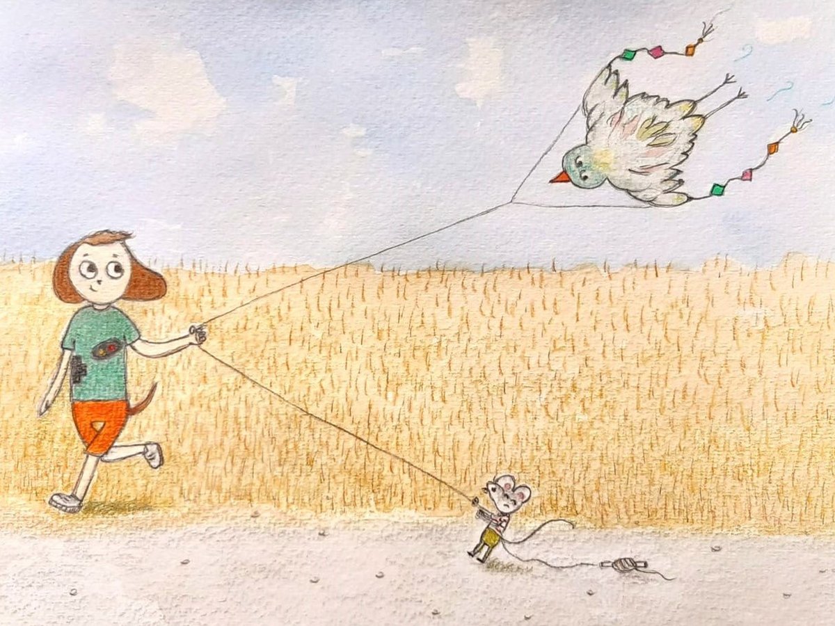 Kite Flying Day. 🎏🏃‍♂️ Día de remontar cometas. #ilustración #illustration #acuarelas #watercolors #lapicescolores #pencilscolor #cometa #kite #perro #dog #raton #mouse #sketch