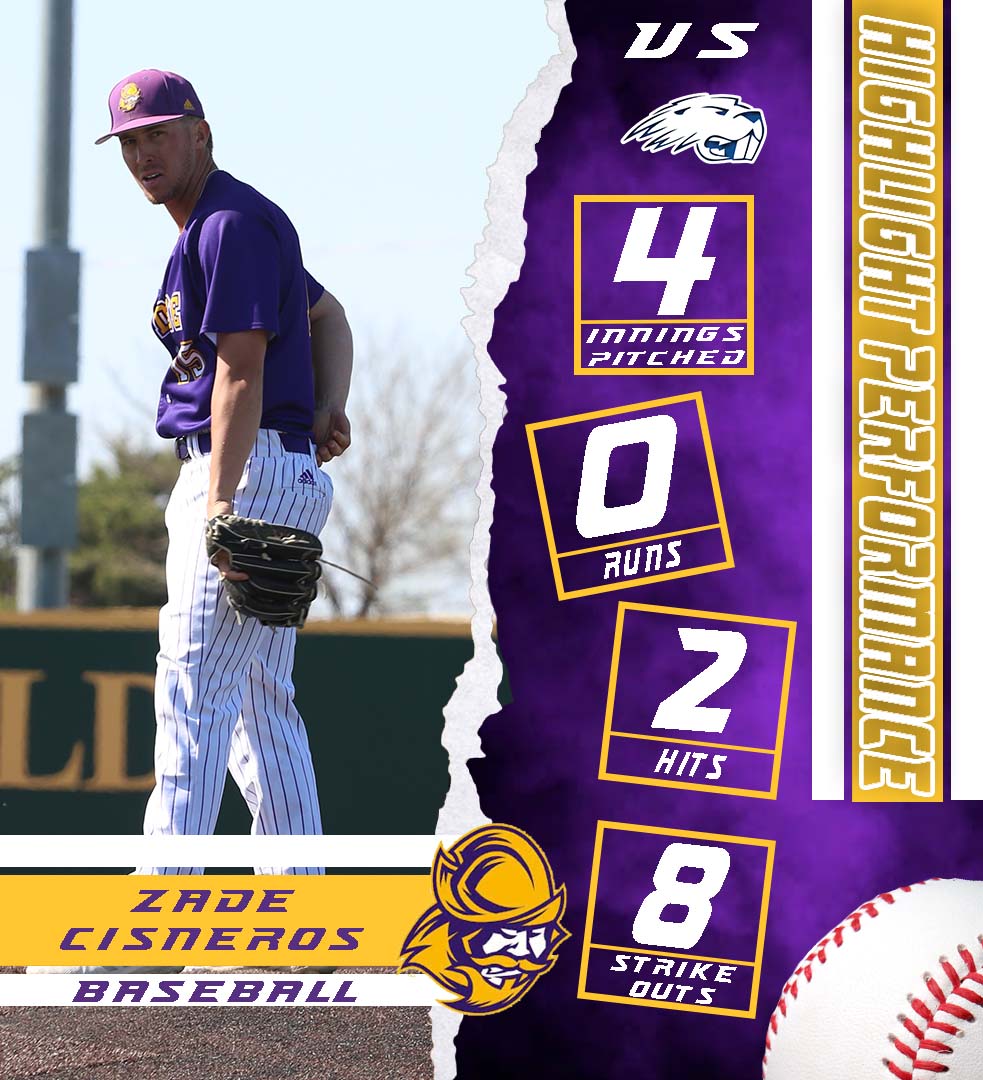 GoConqs's tweet photo. ⚾️Highlight Performance of the Day⚾️

Our Highlight Performance of the Day goes to Zade Cisneros who earned the win in relief in Game 2 vs Pratt - 4 IP, 0 runs, 2 hits, 1 HBP, 8 K #GoConqs @GoConqsBB @CisnerosZade https://t.co/EUZA6uwtu9