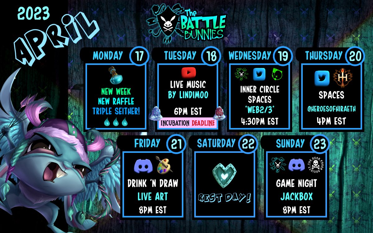 battlebunniesTM's tweet photo. New Week means New Fun &amp; Games!! 🐰🎲🎮

#NFT Raffle in Discord
Triple💧Rewards starting Today!
Live Music by @LindiMoo 
Inner Circle #8⭕️
@HeroesOfHiraeth 
Live Art by @FrankLaNatra 
Game Night w/ @DPS_Club54 

💙&amp; the best part is
Hangin with the #flufflefam 🐰💙🙌 https://t.co/oCLJB9vyVr