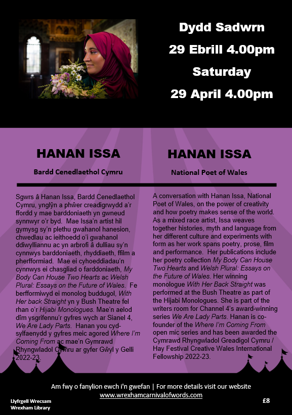WrexCarnival's tweet photo. ONE WEEK TODAY - will be final day of Festival: #WritersCarousel 11-3pm @TyPawb. Final 2 events at #WrexhamLibrary: 4pm @hanan_issa_ #NationalPoetofWales. At 7pm two bestselling authors take the stage: @LDiamondAuthor and @TheEricaJames. Tickets & info: https://t.co/yB29Mz9PSe https://t.co/j9dpI0wbSX