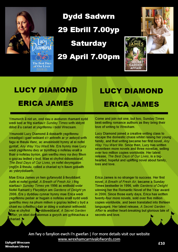 WrexCarnival's tweet photo. ONE WEEK TODAY - will be final day of Festival: #WritersCarousel 11-3pm @TyPawb. Final 2 events at #WrexhamLibrary: 4pm @hanan_issa_ #NationalPoetofWales. At 7pm two bestselling authors take the stage: @LDiamondAuthor and @TheEricaJames. Tickets & info: https://t.co/yB29Mz9PSe https://t.co/j9dpI0wbSX