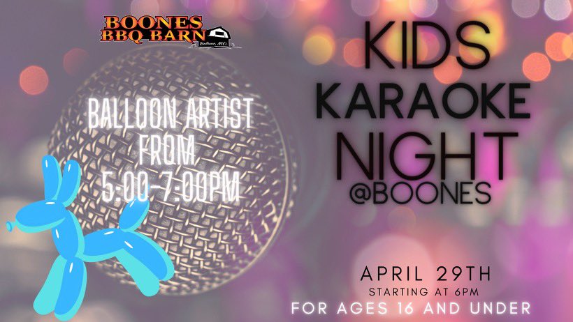 BarnBoone's tweet photo. Kids Karaoke Night is back at Boone’s! https://t.co/557ZnTg0RC