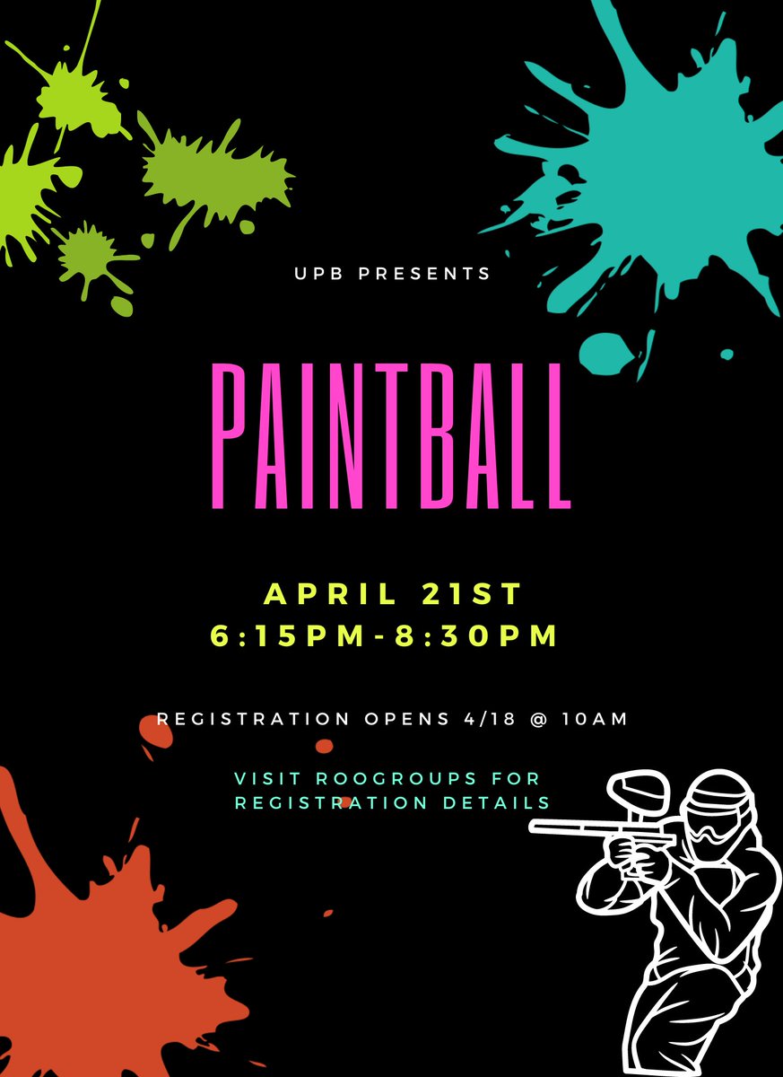 Join UPB for another fun Roos in the City event. Students will have the opportunity to play paintball at Jaegers Paintball on April 21st free of charge! Registration opens 4/18 at 10 AM. Tickets are on a first come first serve basis so be sure to register on Roo Groups!