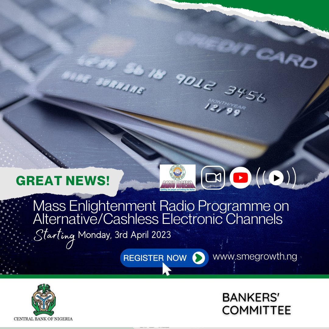As part of the delivery of the FLPE Sub-committee, The Mass Enlightenment Radio Programme on Alternative/Cashless Electronic Channels is a 3 Week Radio Campaign that will focus on ATM &amp; Internet Banking, PoS &amp; USSD, Mobile Apps, QR Code Payments &amp; eNaira.