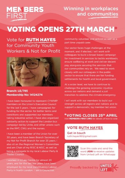 Ruth4UniteEC's tweet photo. It's the last week of the election campaign for the Unite the Union elections - don't miss out!  Post back your ballot paper today! Ballots must be received by noon on 25 April.  Vote #MembersFirst for a lay member led union fighting in our workplaces and our communities. https://t.co/YvomaAsVHE