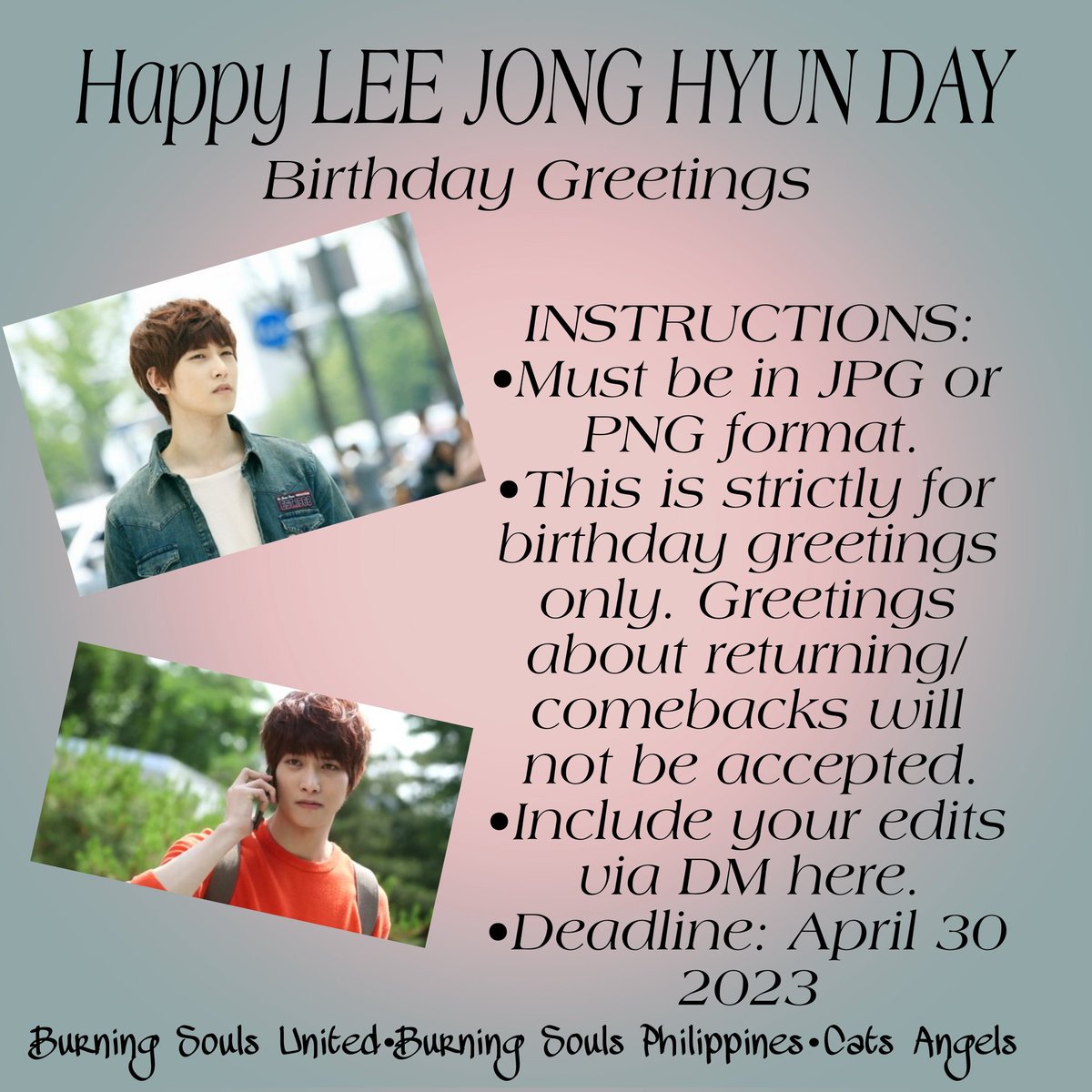 UnitedBurning's tweet photo. 2023 LEE JONG HYUN DAY
Birthday Greetings Project

@catsangels3 
@BurningSoulsPH 

#LeeJonghyun https://t.co/vnPwGlnBsd
