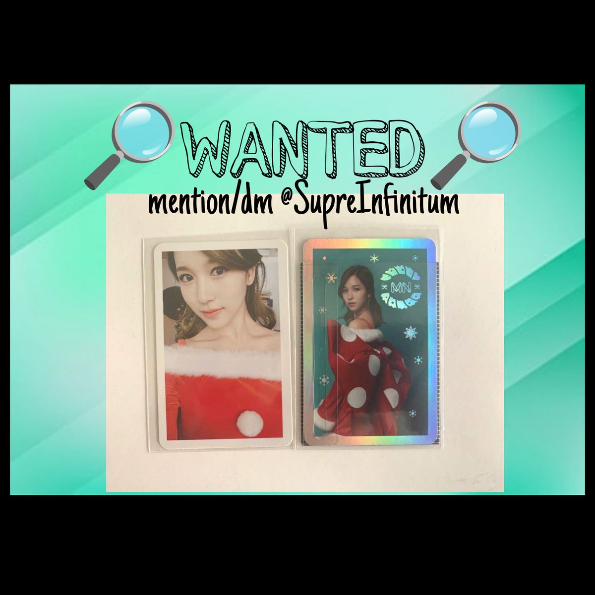 • MY WISHLIST •
🔎 wtb lfs twice 🔎

— MINA TCL 1 XMAS SET
— selca + holo pc
— ¼ flexi budget (dm)
— must be good condition (i'm not so sensitive)

🏷️ t. twice ph intl mina twicecoaster lane 1 christmas edition pcs xmas set selca holo