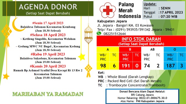 Update Stok Ketersediaan darah PMI Kabupaten Jepara
#BloodForLife #pmijepara #uddpmi #ayodonordarahsukarela #jepara #informasiseputarjepara