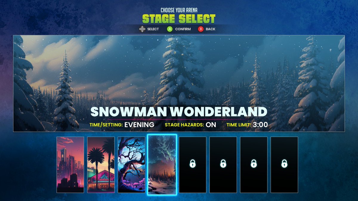 TeamRushGame's tweet photo. UI Stuff. Stage Select concept. The fighting gamer in me loves hearing the announcer say the name of stages before the battle. Stage select occurs after character select for that reason. #indiegame #ui #stageselect #indiedev https://t.co/qGHWgENugA