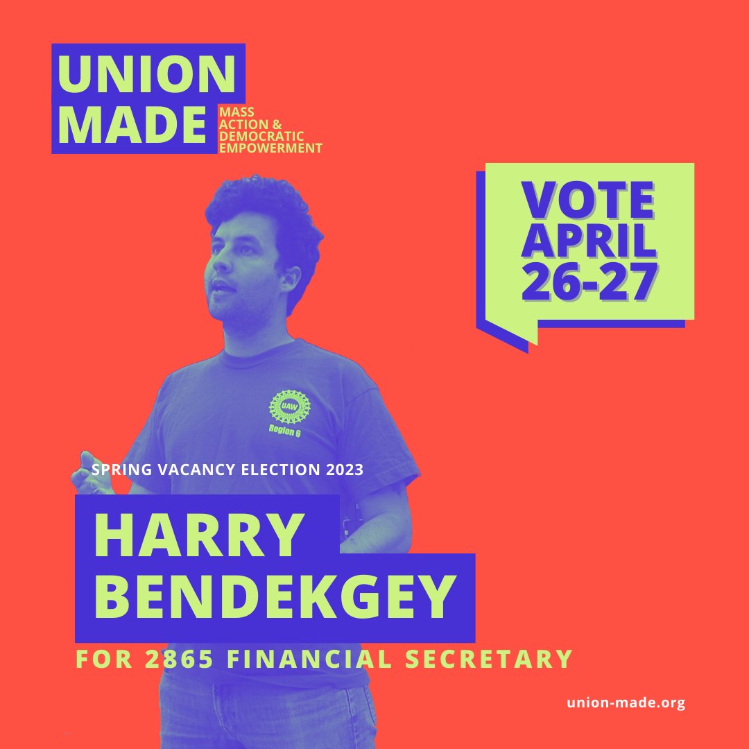 Meet Harry Bendekgey (he/him), running for financial secretary of the statewide Executive Board. Harry’s been organizing with UAW since 2020, when he got involved with the SRU card campaign.