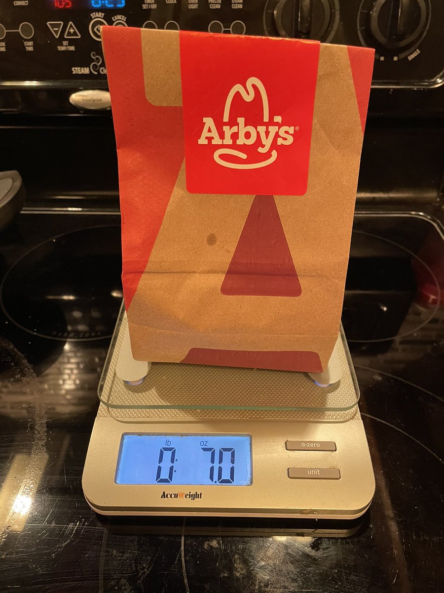 ToddHasler's tweet image. #ArbysWeHaveTheMeats breakdown of an $8.29 Smokehouse Garlic Ribeye sandwich.  Weight including the bag: