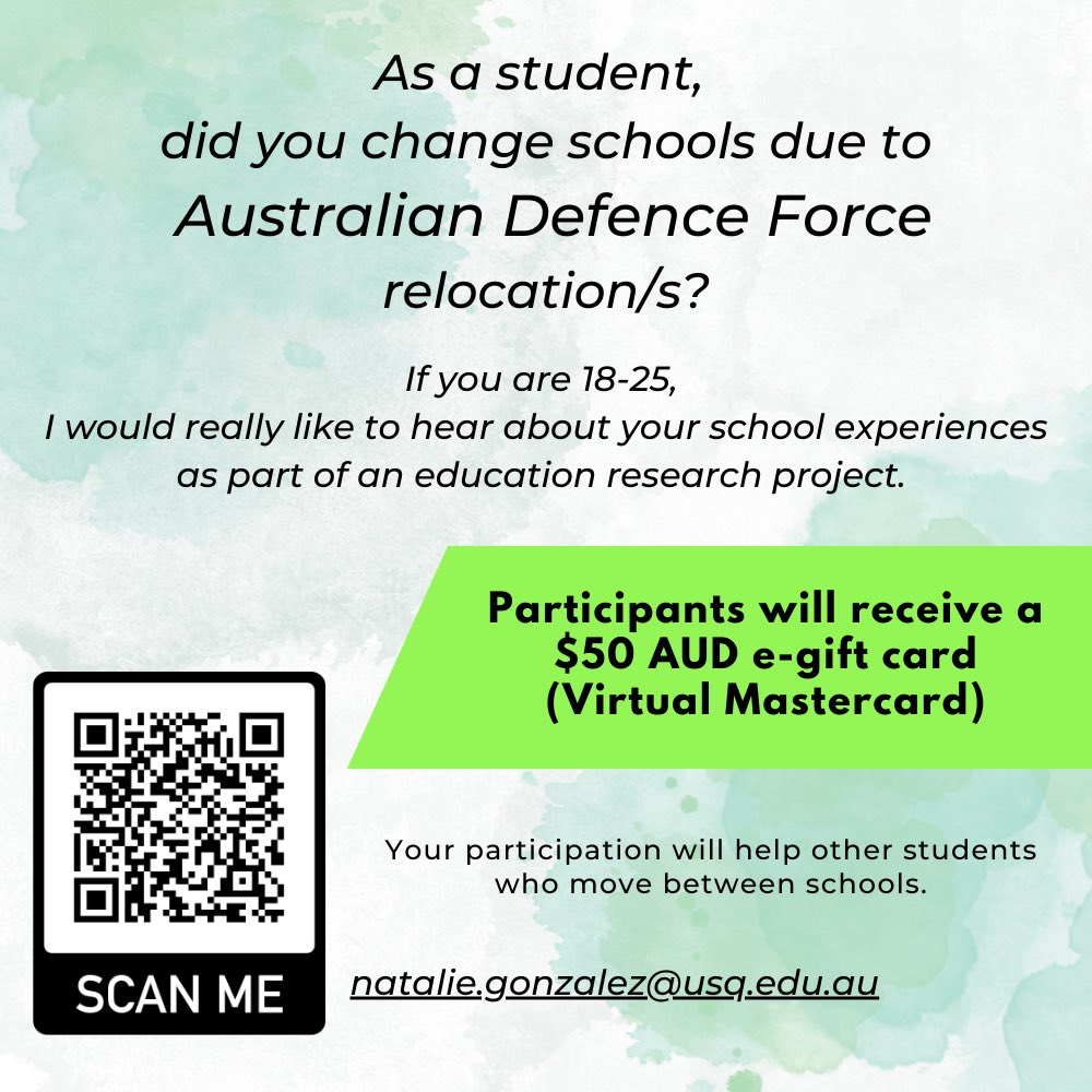 Calling all 18-25-year-olds who changed schools while moving with a parent in the Australian Defence Force 📣 Tell me about your education experiences 👉 surveys.usq.edu.au/index.php/8477… #unisqaus ⁦<a href="/unisqaus/">University of Southern Queensland</a>⁩ ⁦<a href="/DefenceFamilies/">Defence Families of Australia</a>⁩ ⁦<a href="/jcu/">James Cook Uni</a>⁩