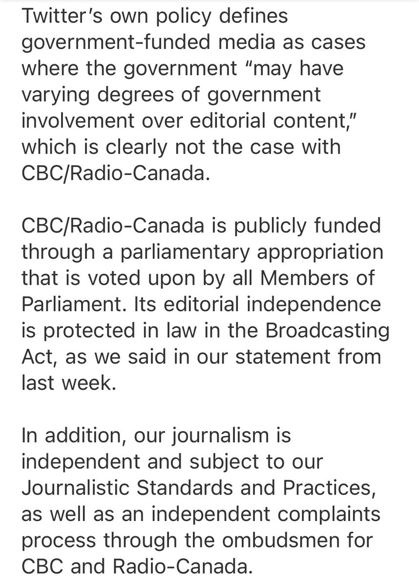 Statement from Leon Mar, CBC/Radio-Canada director of media relations.