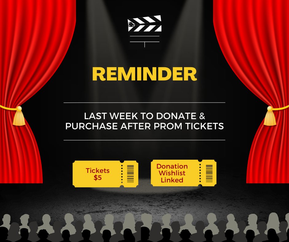 WHAfterProm's tweet photo. ⭐️ After Prom tickets will still be sold this week in the office

⭐️ Donations will still be accepted this week from our Amazon Wishlist. Thank you to those who have already donated! It is greatly appreciated! The link to the wishlist is below.

https://t.co/NphQYXCFPy https://t.co/1FLzzVURAH