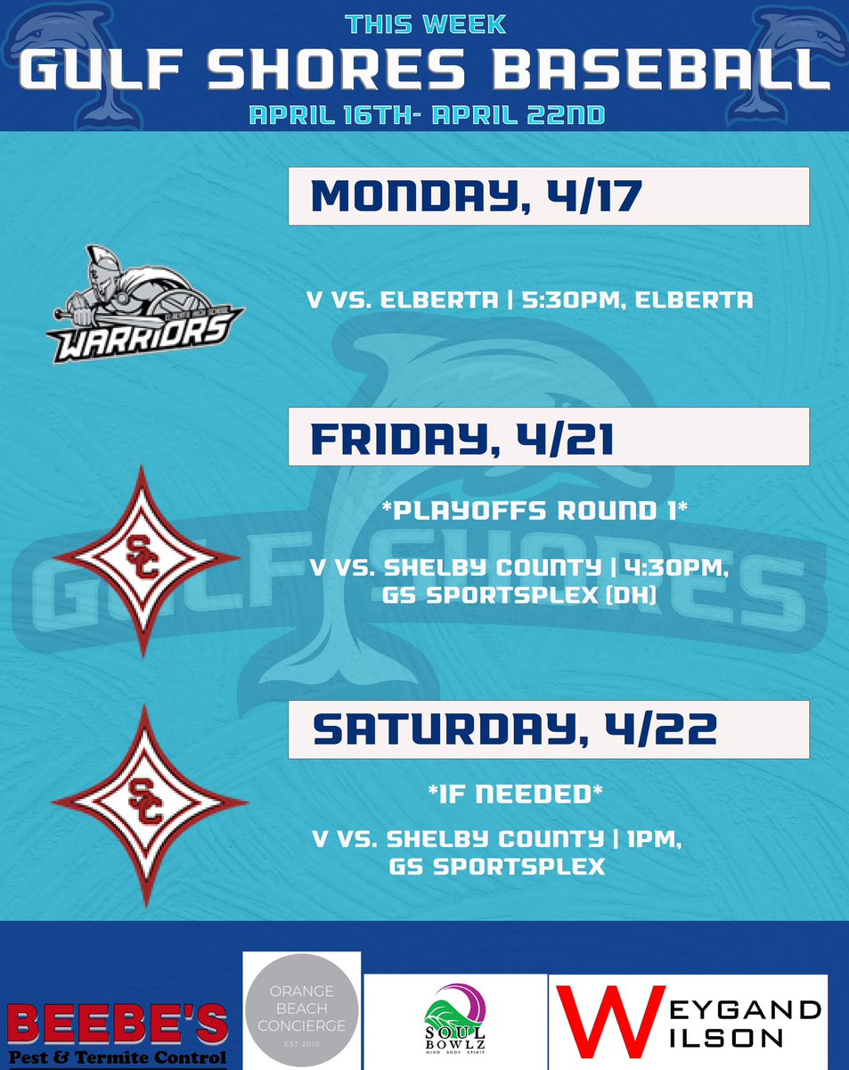 FinsBaseball's tweet photo. Hereβs a look at the upcoming week for the Dolphins! Week 1 Playoff series this weekend at the Sportsplexβ¦.we hope to see you there! #PlayInMay #Playforthepile #StateMentality https://t.co/dZyhwg8MFn