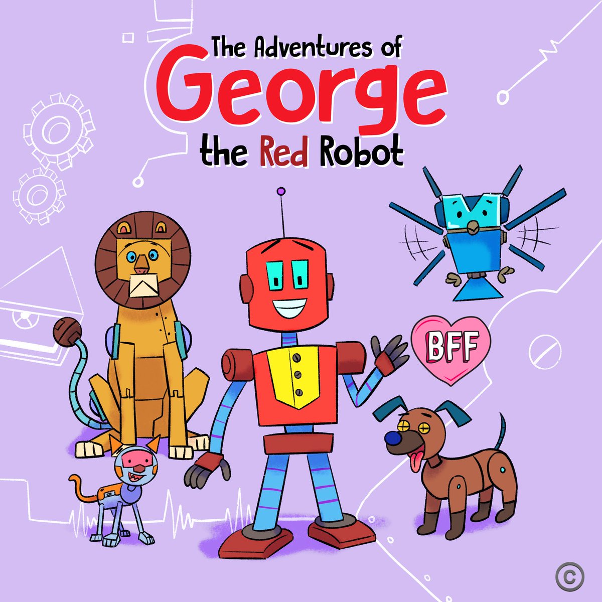 Family Portrait. I’m in the center. Puppy Robot and Owl Robot on my left, Kitty Robot and Lion Robot on my right. #Family #adventure. My 3 year old creator is missing from this portrait. #bookseries