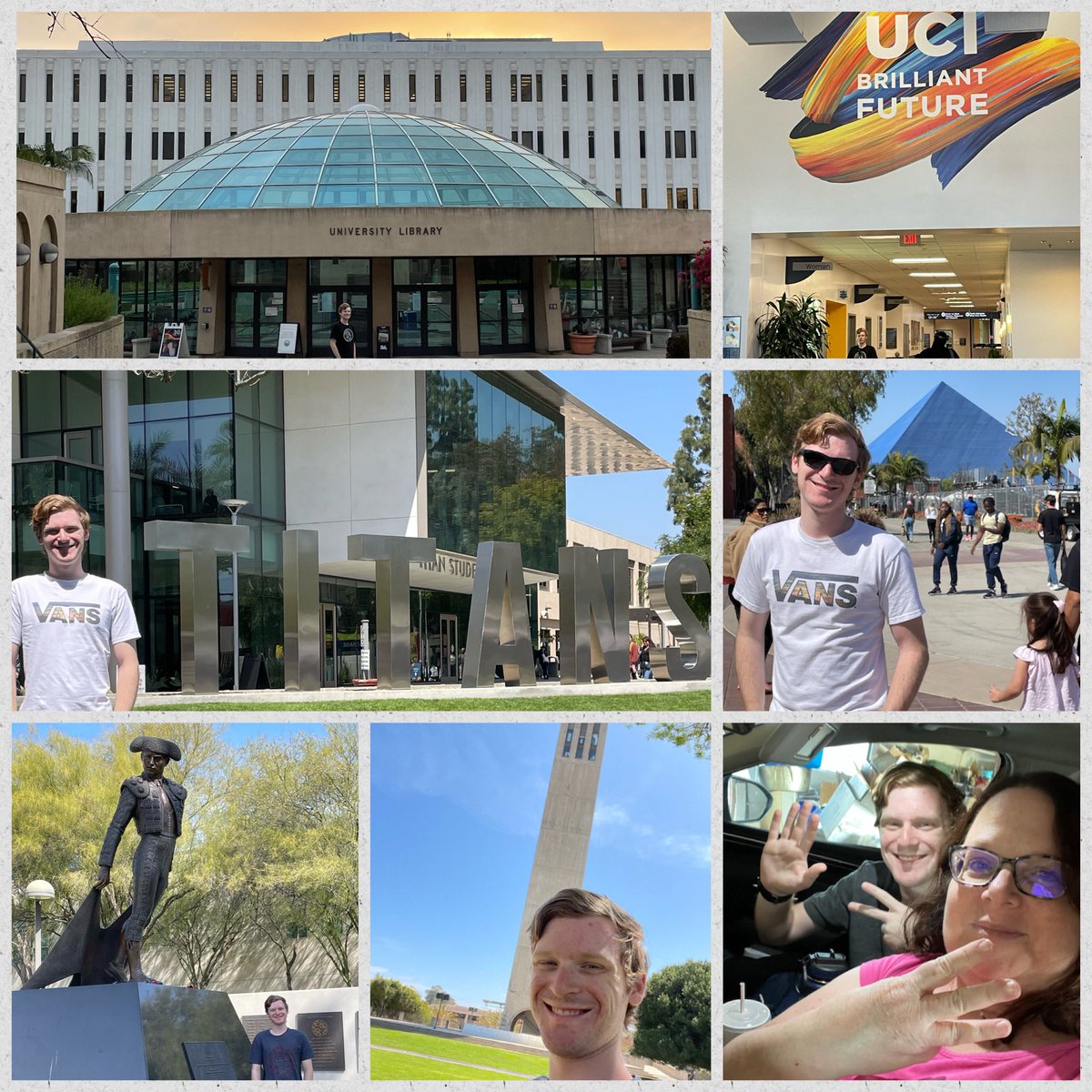 We did it! Visited 7 schools in 3 days!! Ethan is graduating <a href="/BAKcollege/">Bakersfield College</a> in a month and has his pick of transfer schools. Had a blast at <a href="/UCIrvine/">UC Irvine</a> <a href="/csuf/">Cal State Fullerton</a> <a href="/CSULB/">Cal State Long Beach</a> <a href="/ucsantabarbara/">UC Santa Barbara</a> <a href="/UCSanDiego/">UC San Diego</a> <a href="/csunorthridge/">Cal State Northridge</a> <a href="/SDSU/">San Diego State University</a> #wherewillEgo