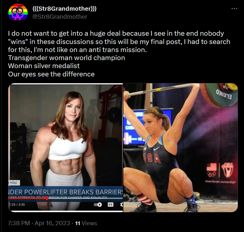 ZoAndBehold's tweet image. This is what anti-trans propaganda looks like. 

Janae Kroc (left) set a world record in the men's 220lb weight class in '09 (prior to transition). She's not a women's world champion.
 
Mattie Rogers (right) didn't lose to Janae. She took silver in '19, in the 156lb weight class.