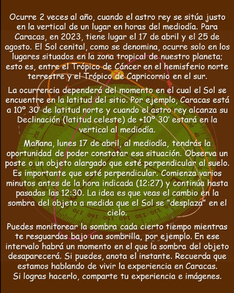 planethumboldt's tweet photo. Mañana lunes 17, a las 12:27 HLV (en Caracas) podrás ver que un objeto alargado (como un poste, o un cilindro) perpendicular a la superficie donde reposa, no proyectará sombra por un breve instante.
#DíaSinSombra 
#NoShadowDay 
#Abril 
#Lunes 
#17Abr
#Caracas https://t.co/ixVeKH9pDJ