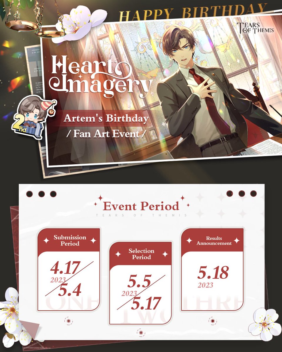 TearsofThemisEN's tweet photo. Artem's Birthday Fan Art Event Begins

✦ RT for a chance to win Artem's b-day merch!

✦ 2 ways to join:
1. Tag #TearsOfThemis #HeartImagery &amp; publish your work. Then fill in your info here: https://t.co/sysHRmYi4I
2. Submit on HoYoLAB: https://t.co/5vMm035S57 https://t.co/PBNYc8zU6I