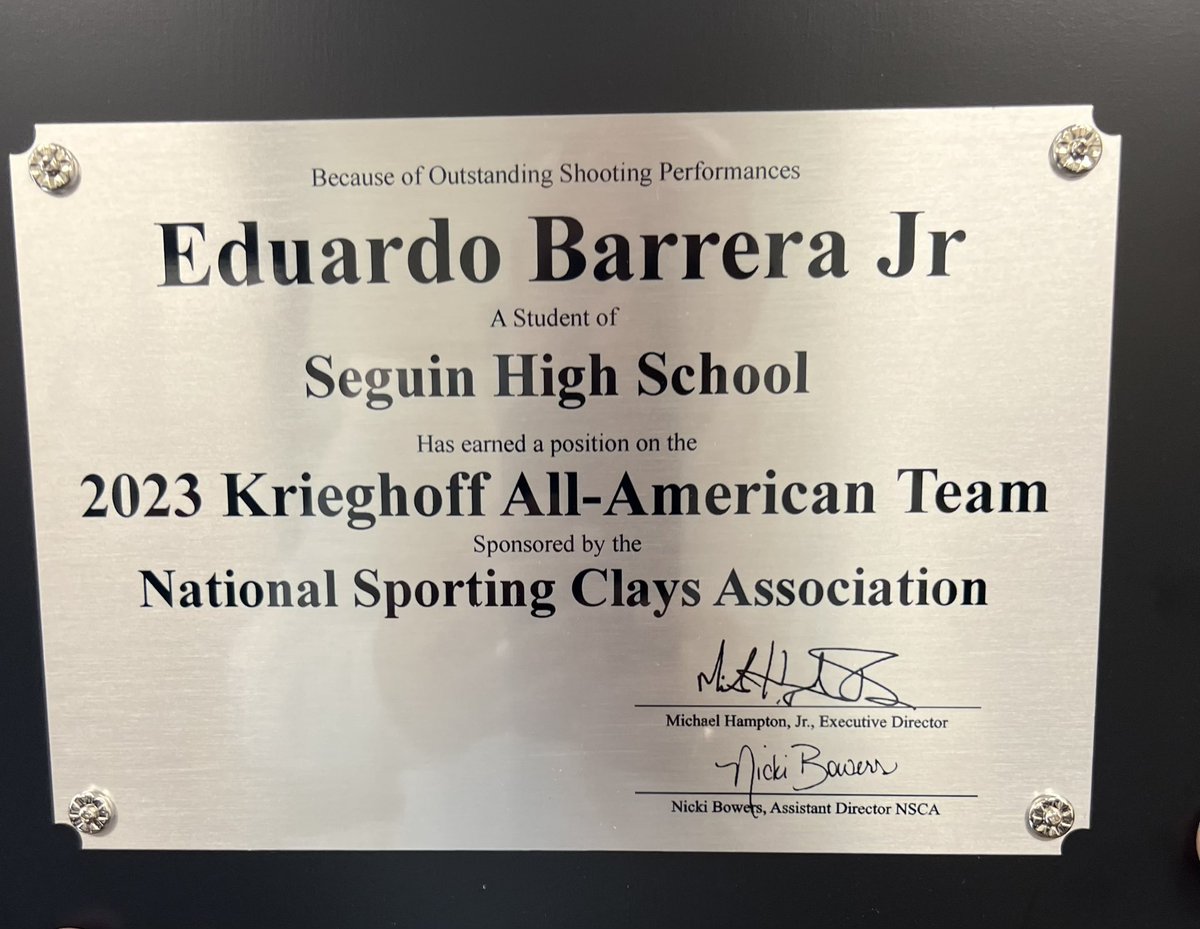 Congratulations to SHS student Eduardo Barrera Jr. for being selected to the 2023 Krieghoff All-American Team by the National Sporting Clays Association. We are Matador Proud of you! #ItsAGreatDaytobeAMatador
