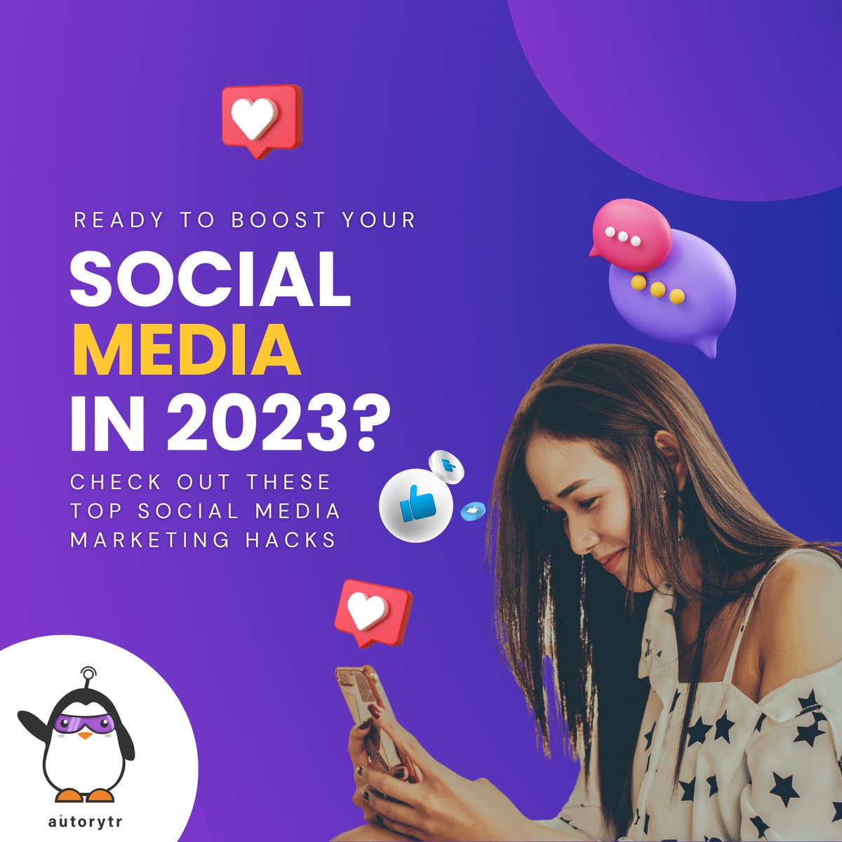 AutorytrAI's tweet image. Revamp your social media strategy in 2023 with these top marketing hacks! From attention-grabbing videos to chatbots and personalized content, these tips will help take your brand to the next level. 

#SocialMediaMarketing #2023Trends #aicontentwriting #contentai #aimarketing