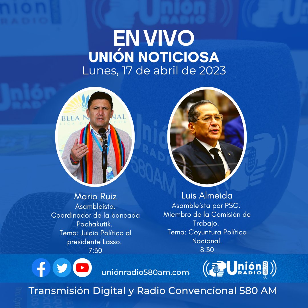Unionradio580am's tweet photo. #Envivo
#Espaciodeentrevistas

Acompáñanos a escuchar a nuestros invitados:

@MarioRuizJacome
@LuisAlmeidaM

Escúchenos en el dial #580AM, por fb live, YouTube, Twitter
@unionradio580am y en https://t.co/vxgL91JWE6 🇪🇨
Somos:
 La Cadena⛓️ de la Unión 🤝 https://t.co/b4CChpSMQT