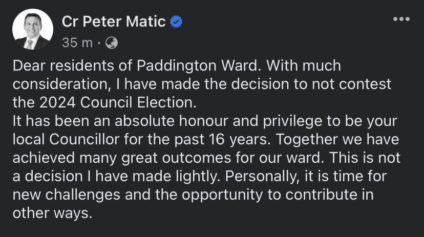 AndrewBartlett's tweet image. Interesting news for next #Brisbane City Council election. LNP Councillor Peter Matic has announced he won’t recontest his seat of Paddington, which was easily the closest contest at 2020 #BCCvotes Greens came within 0.7% of winning (or swing of 156 votes) results1.elections.qld.gov.au/lga2020/00819/…