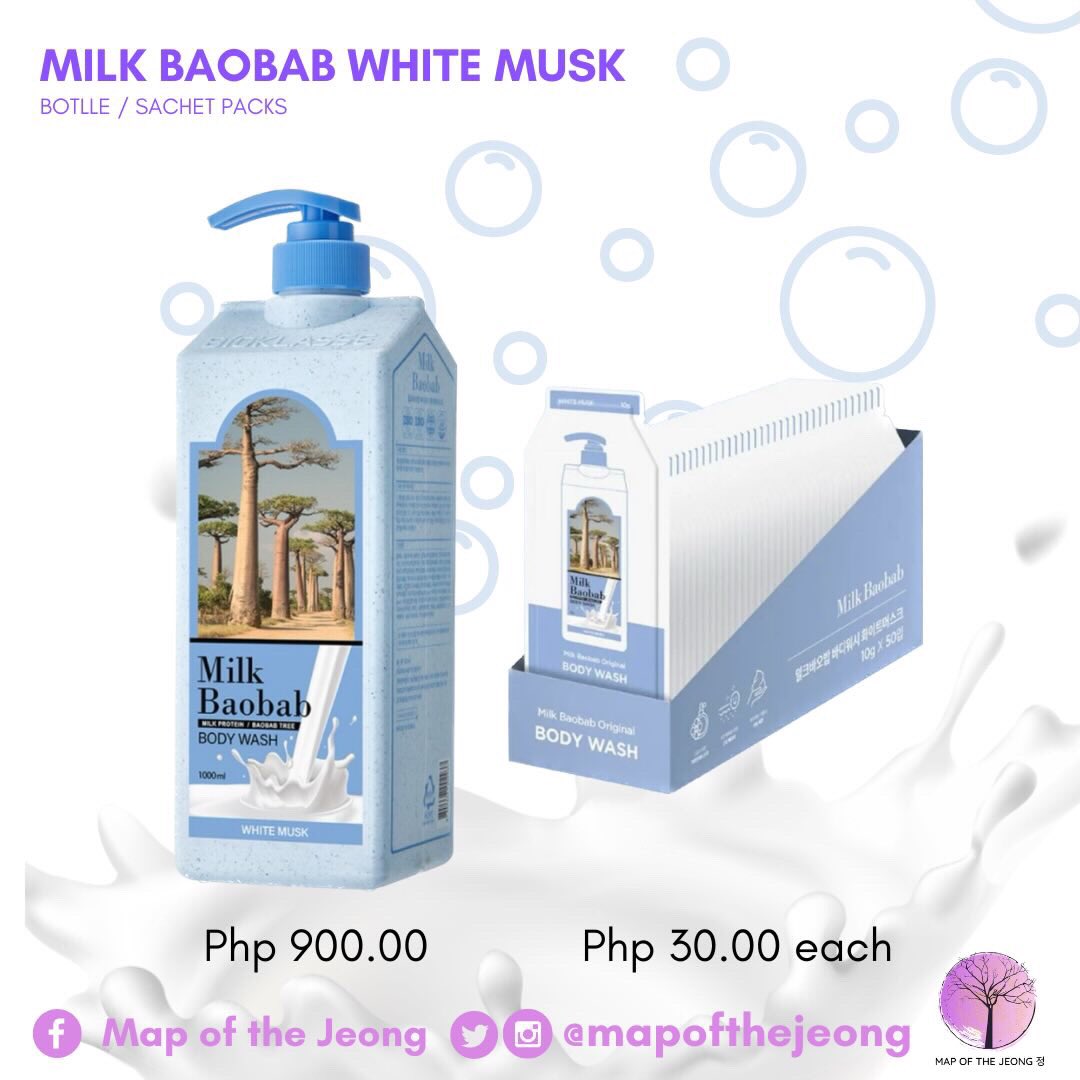 mapofthejeong's tweet photo. Milk Baobab - White Musk is a Jungkook-approved body wash! If you have the same love for milky scent like JK, we’re just a DM away!

Order now for only Php30.00 for our tingi packs or get the whole bottle for only Php 900.00!🥛🛁💜 https://t.co/K4R88DjeVF