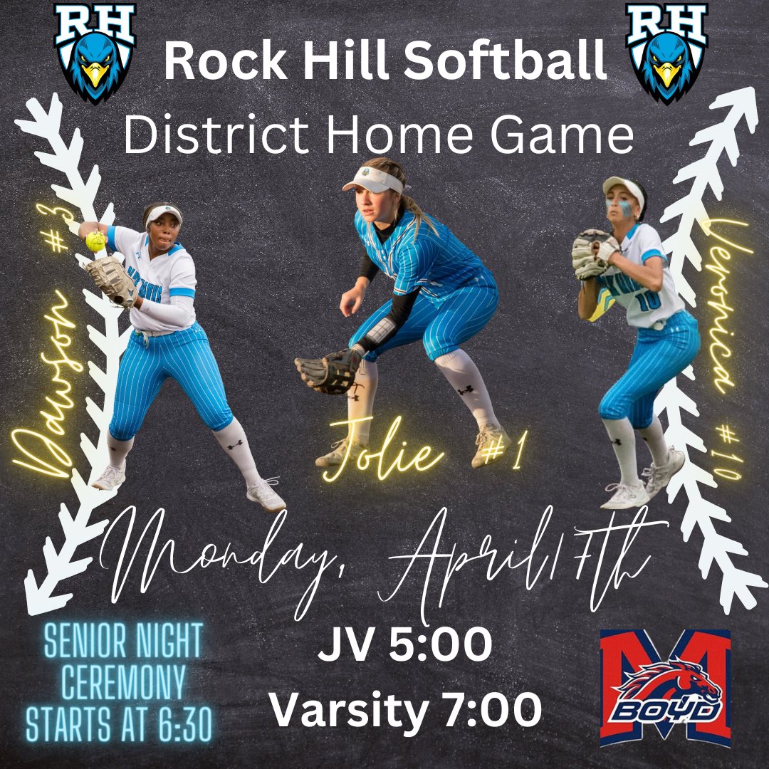 RockHillSBall's tweet photo. 📣DISTRICT HOME GAME📣
🥎Come out to celebrate these 2️⃣0️⃣2️⃣3️⃣seniors on a special night just for them‼️ Ceremony starts at 6:30 &amp; then watch the entire team fight for a play off spot💙
🆚McKinney Boyd
📆Monday, April 17th
⏰ JV-5:00 V-7:00
📍Rock Hill
🎟️ https://t.co/C9WrI9cIIz https://t.co/K6ljvXrJF7