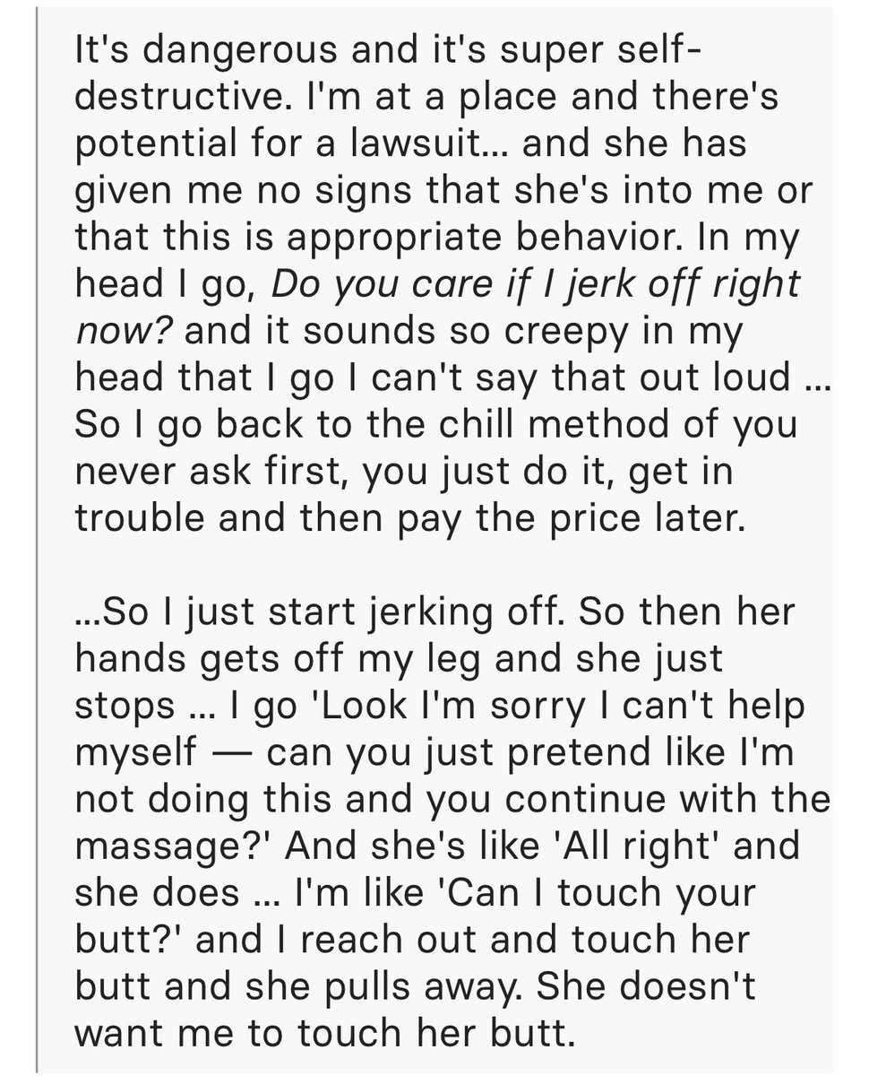 UrFriendKelly's tweet photo. @aurabogado The words aren't copyrighted...

He says it was a "joke," I'm wondering where the punchline is?

(TW for explicit description of sexual assault. Context is that he was receiving a massage.) https://t.co/GqUE8qY2Yp