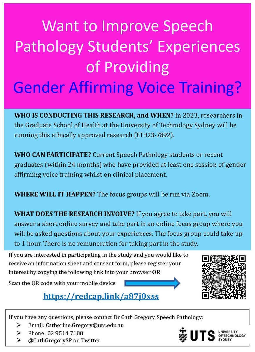 Cath Gregory, PhD (@cathgregorysp) on Twitter photo Are you a current #slp2b or recent #slpeeps (<2 years post graduation) with clinical placement experience providing #transgender and #genderaffirming #voice and communication training? We <a href="/GoSHspeech/">Speech Pathology at UTS</a> want to know about your experiences! Are you a current #slp2b or recent #slpeeps (<2 years post graduation) with clinical placement experience providing #transgender and #genderaffirming #voice and communication training? We <a href="/GoSHspeech/">Speech Pathology at UTS</a> want to know about your experiences!