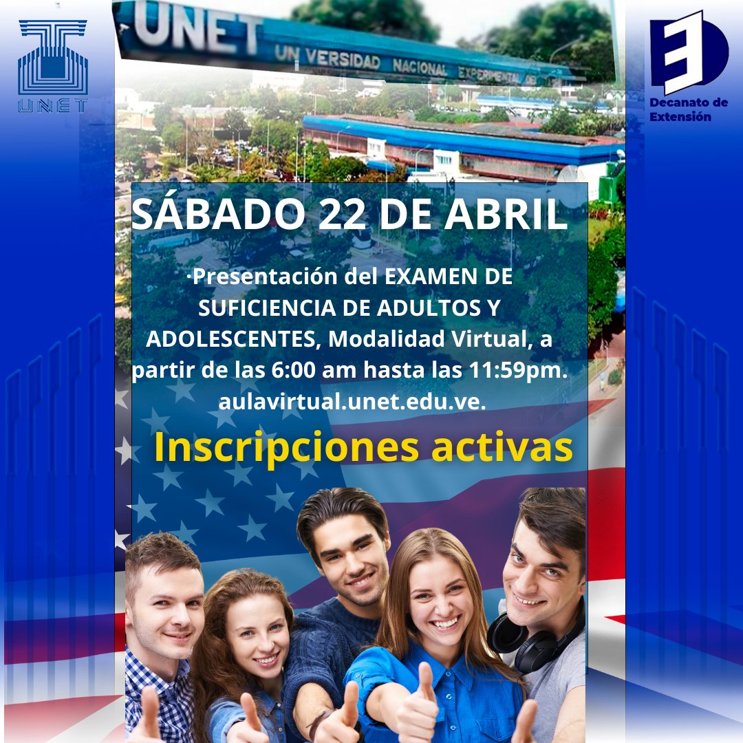 fperman's tweet photo. Prueba tu nivel de inglés con el examen de nivelación de la UNET.
SÁBADO 22 DE ABRIL:
• Presentación del EXAMEN DE SUFICIENCIA DE ADULTOS Y ADOLESCENTES, Modalidad Virtual, a partir de las 6:00 am hasta las 11:59 pm. https://t.co/OAs9A5Atv0. https://t.co/WhwxwYpXDV