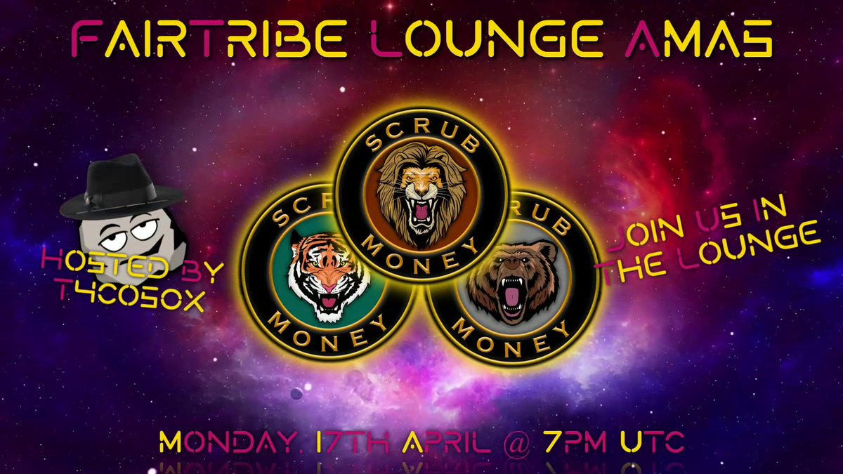 czFairTribe's tweet photo. 🔔🔔AMA Announcement - Monday, April 17th with Scrub Money at 7PM UTC! 
 @ScrubMoneyDeFi 
Location: @FairTribeLounge (https://t.co/hVtRd0Ym19)  
Host: @t4c0s0x  🚀 https://t.co/xFtTe2tAyv