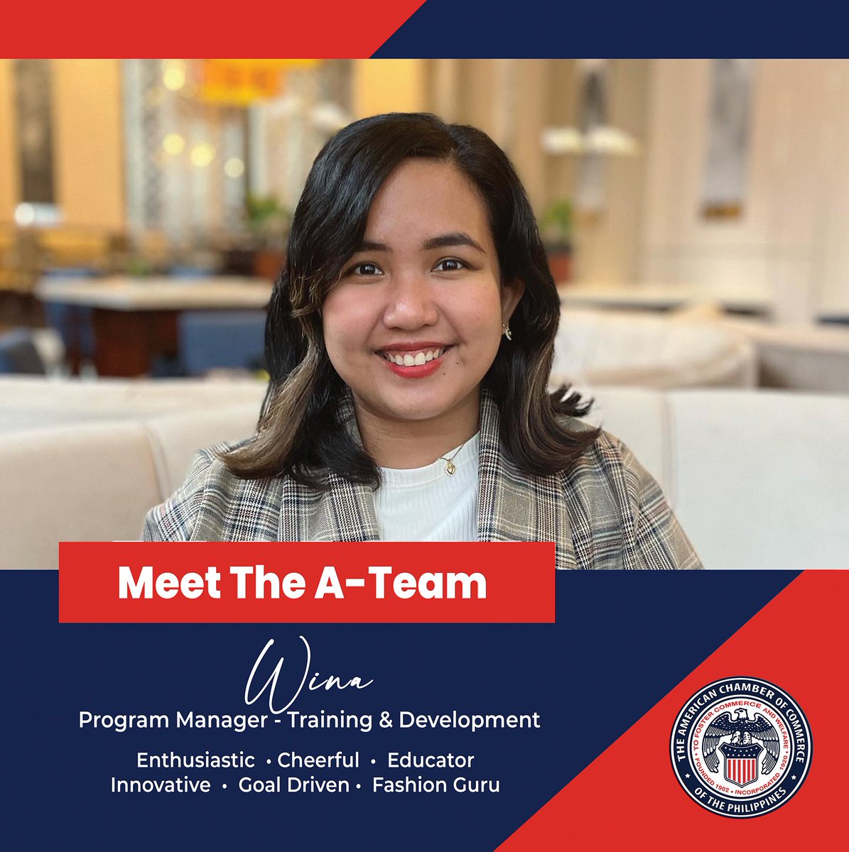 AmChamPH's tweet photo. Say hello to Wina, our fantastic Program Manager for Training and Development. She is the secret ingredient to our top-notch training services.
Know more about AmCham Philippines' Training Service here: https://t.co/KLMzeDT9V7
#amchamevents #amcham #amchamphilippines https://t.co/qmx5xKZQYZ