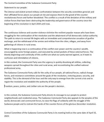 #SupportSudan
Central Committee of the Sudanese Communist Party in its meeting held on the same date of April 15, 2023
<a href="/volkerperthes/">Volker Perthes @perthes.bsky.social</a>
<a href="/BBCWorld/">BBC News (World)</a>
<a href="/hrw/">Human Rights Watch</a>
<a href="/UN_HRC/">UN Human Rights Council</a>
<a href="/UN/">United Nations</a>
<a href="/AFP/">AFP News Agency</a>
<a href="/AJEnglish/">Al Jazeera English</a>
<a href="/FT/">Financial Times</a>
<a href="/BenDoBrown/">Benjamin Strick</a>
<a href="/JonHutson/">Jon Hutson</a>
<a href="/sudanreeves/">Eric Reeves</a>
#SafeSudan
#Action4Sudan