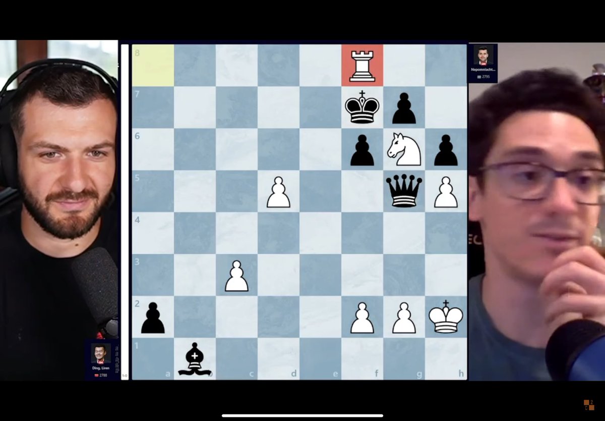 I just realized a funny parallel. Diagram 1 is Hikaru blundering mate in 1 against Fabiano in the finals of the Chessable Masters. Diagram 2 is Ding mating Nepo brilliantly in Game 6 of the WCC match. Note the similarities, right down to the White pawns on d5 and h5 — amazing!