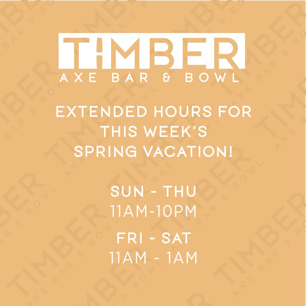 TimberAxBarBowl's tweet photo. Get ready for a spring break like no other at Timber! This week we have extended hours, which means more time to bowl, sip on craft cocktails and indulge in our mouthwatering menu. Don't miss out, and we'll see you there. https://t.co/bVK1jfMMDk